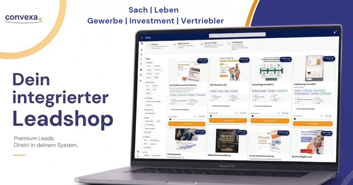 Dein integrierter Leadshop: Leadübersicht mit Kategorien Sach, Leben, Gewerbe, Investment und Vertriebler