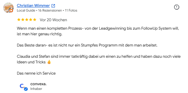 Google-Bewertung mit 5 Sternen von Christian Wimmer