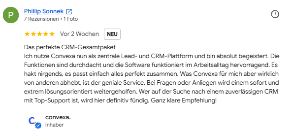 Google-Bewertung mit 5 Sternen von Phillip Sonnek